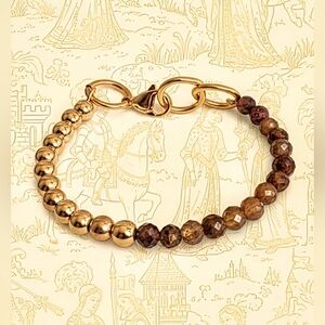 Natural Orange Yellow Sapphire & Gold Balls In Half And Half Beaded Bracelet